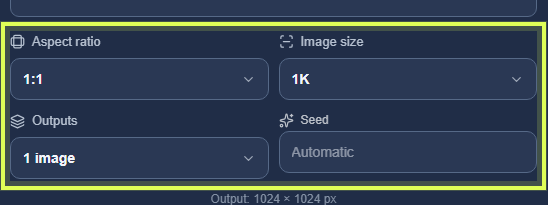 Close-up of the Qwen Image 3.0 aspect ratio, image size, output, and seed settings