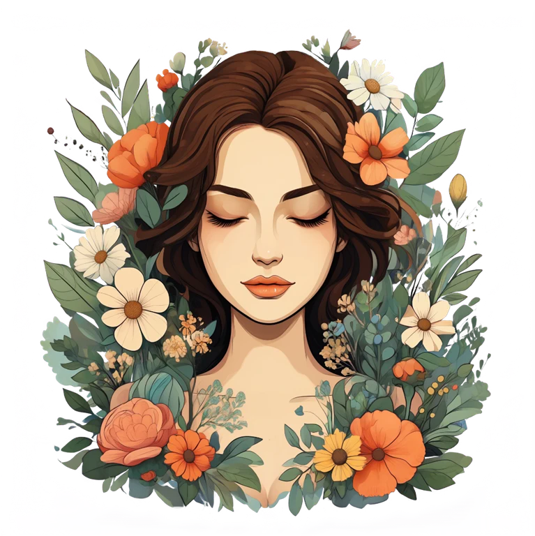 Floral portrait illustration with transparent edges