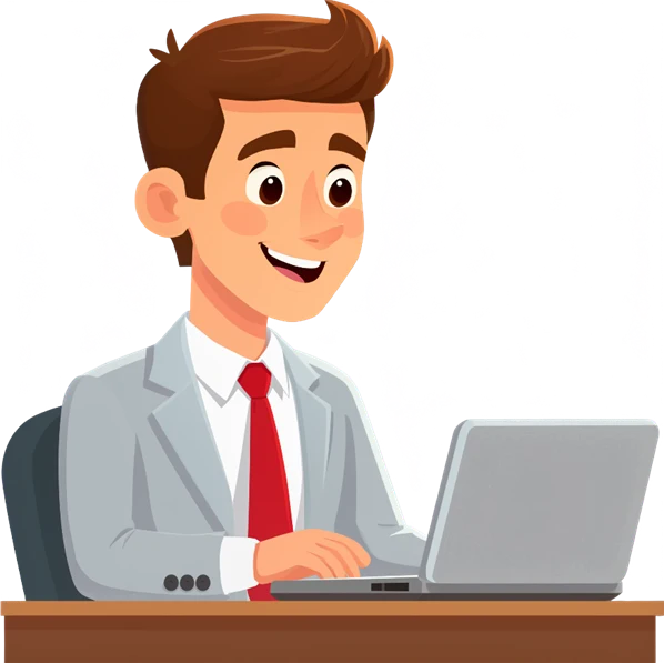 Cartoon office worker using a laptop on a transparent background