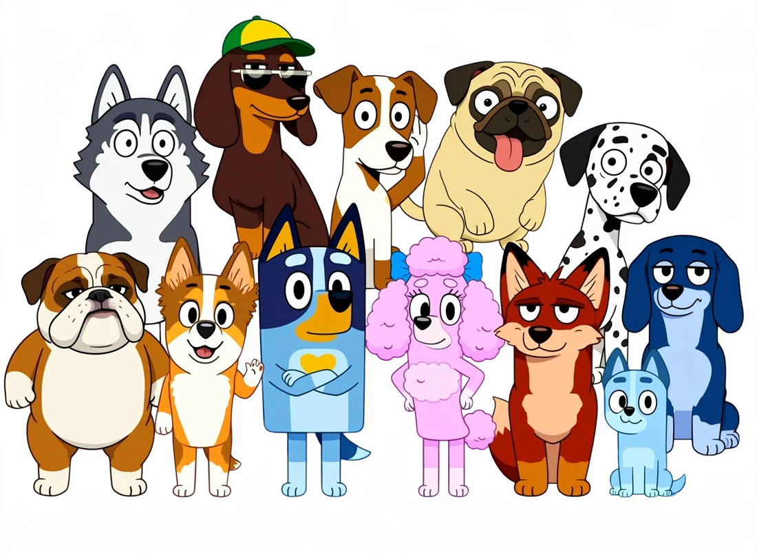 A group of cartoon dogs isolated together