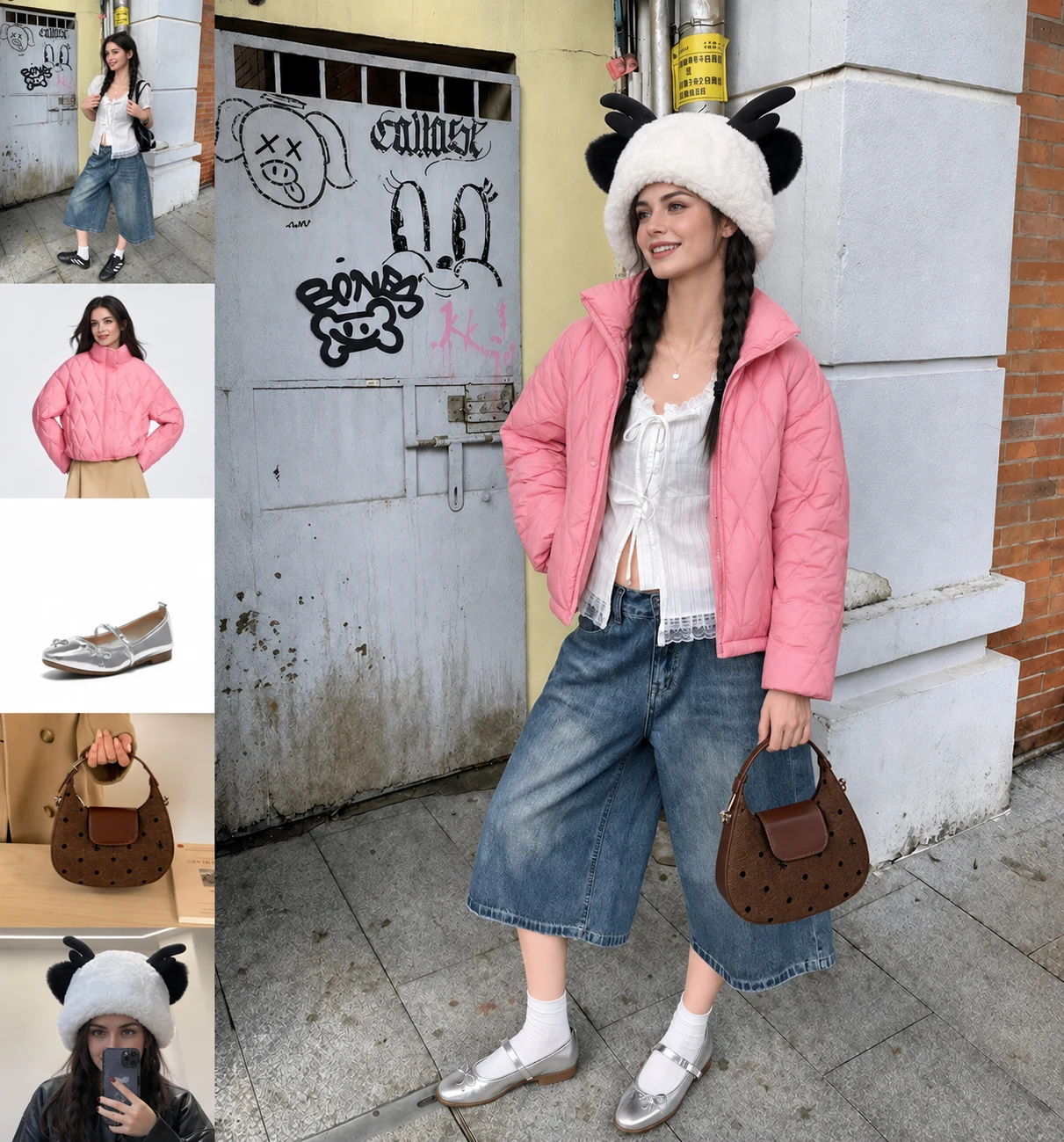 An outfit assembled from references for a woman, pink jacket, shoes, bag, and hat