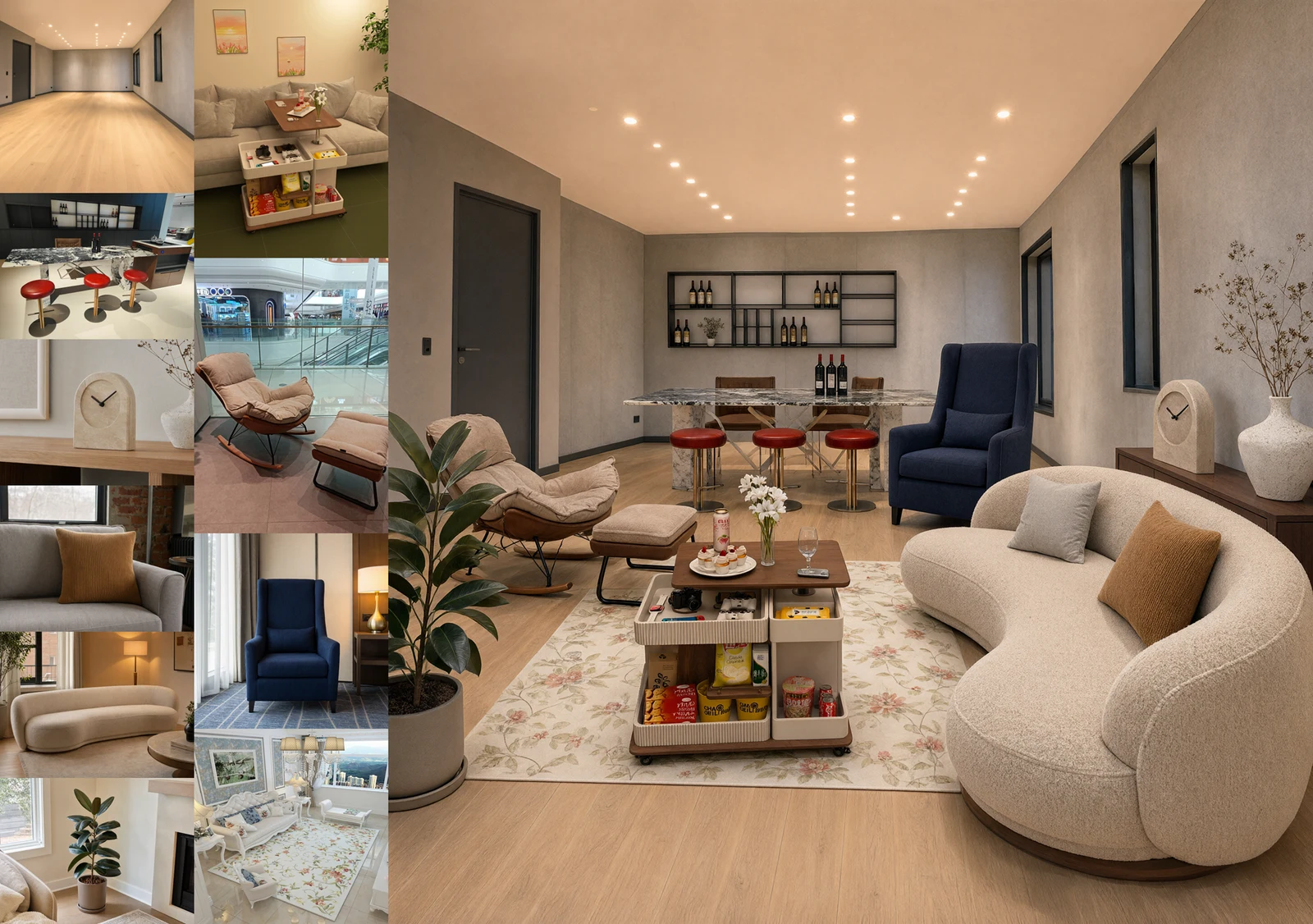 A furnished living room composed from separate room, furniture, and decor references