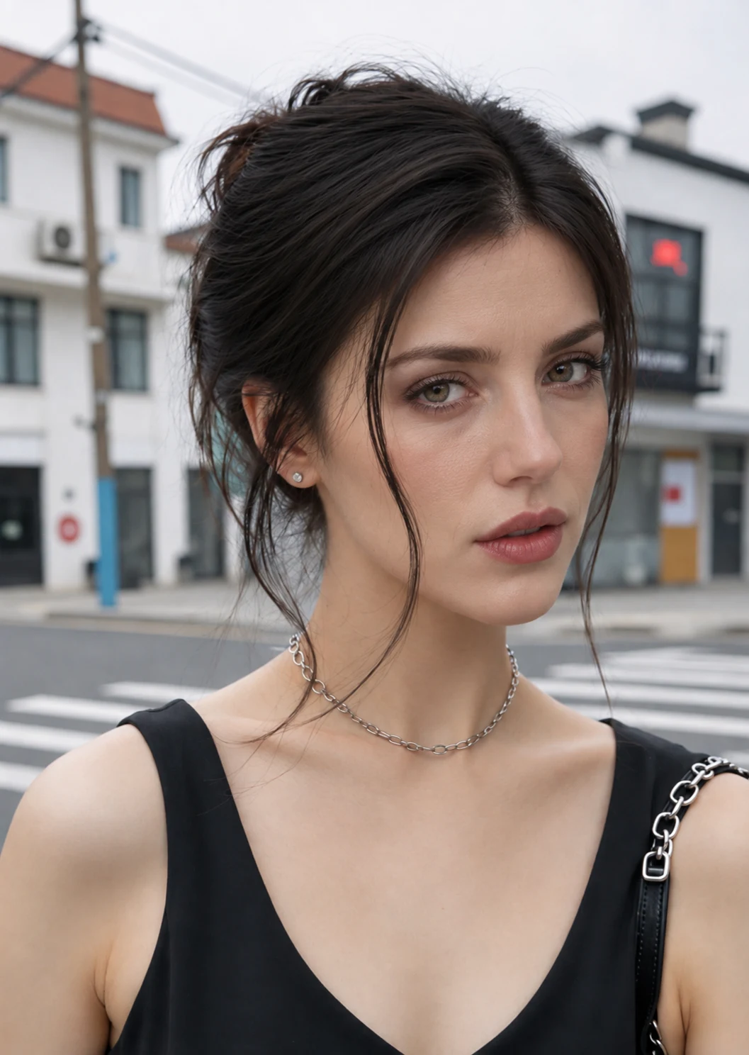Street portrait with hair tied up