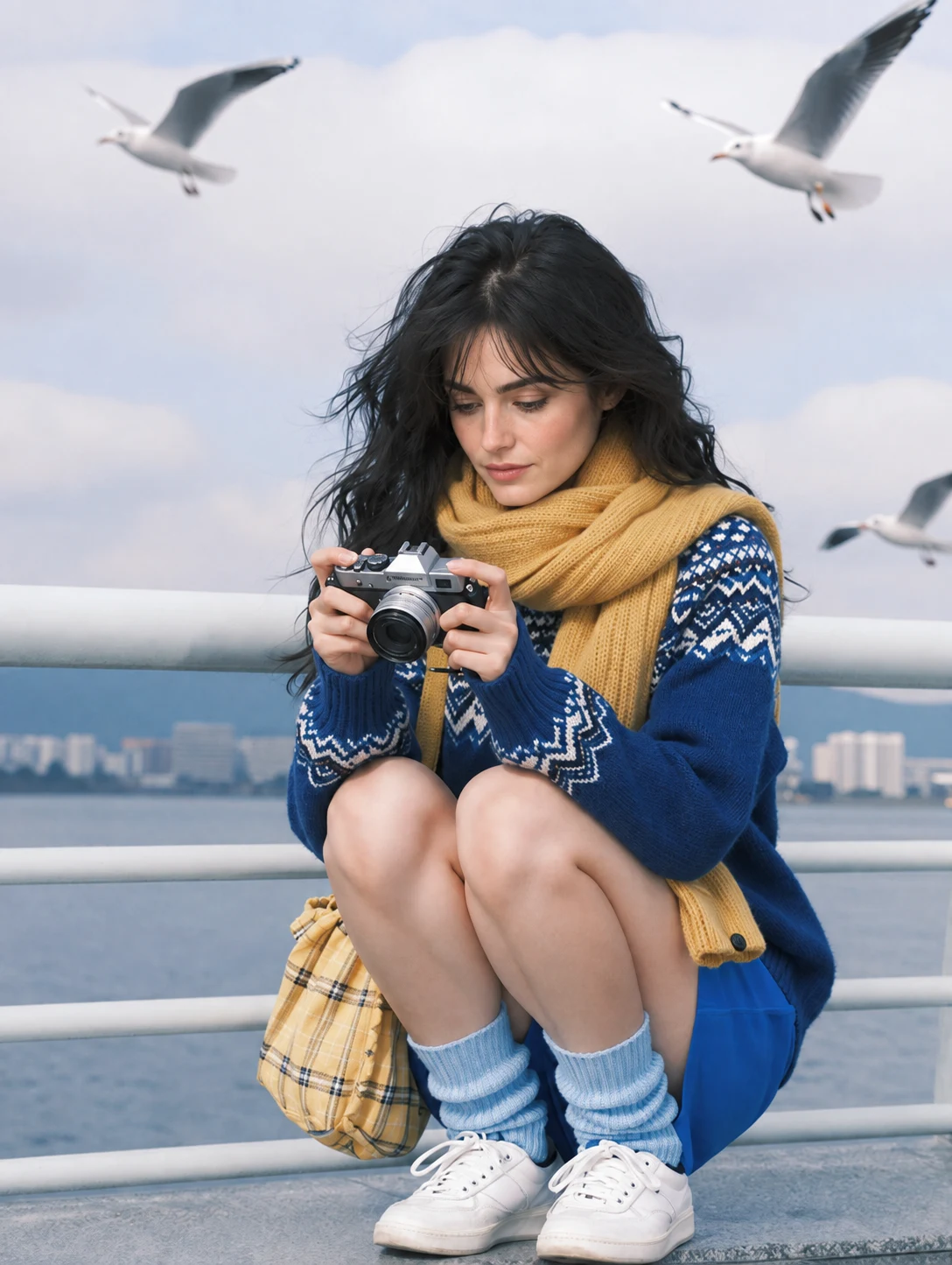 Woman in a blue sweater and yellow scarf holding a camera outdoors