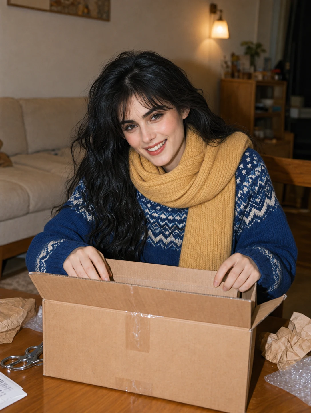 Woman in the blue sweater and yellow scarf opening a box indoors