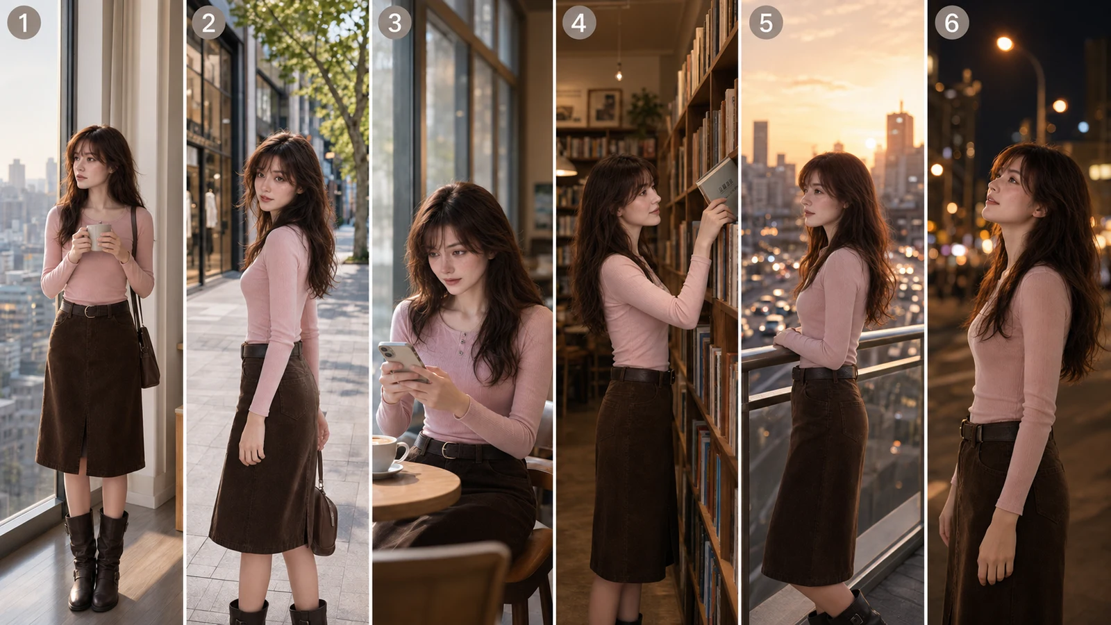 Six scenes showing the character at a window, on a street, using a phone, in a library, at sunset, and at night