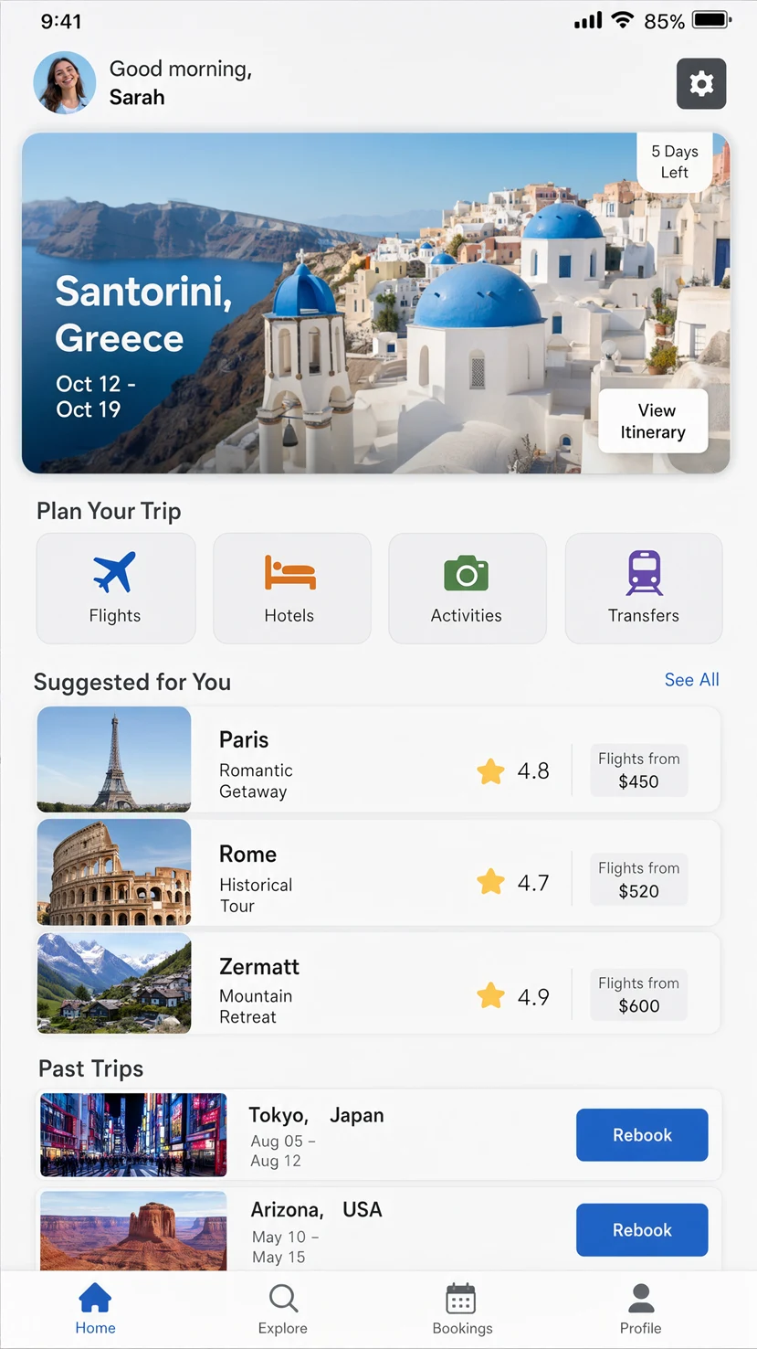 Travel application interface concept with destination cards and navigation