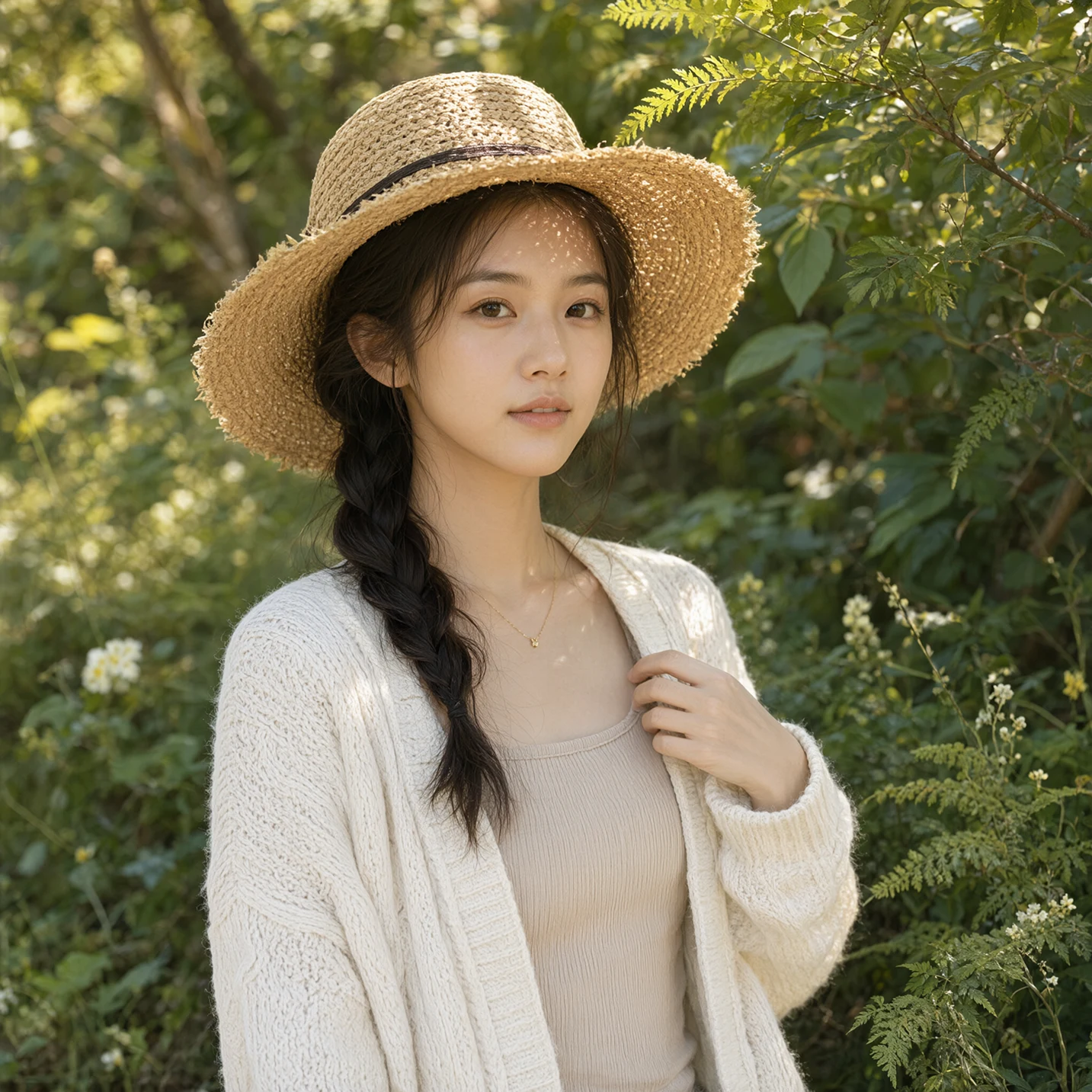 Sunlit portrait of a woman wearing a straw hat among green foliage