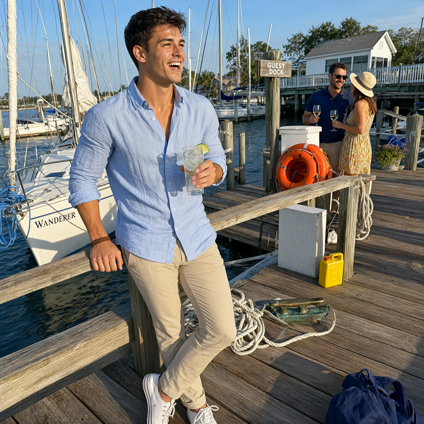A man holding a drink at a marina in warm sunlight