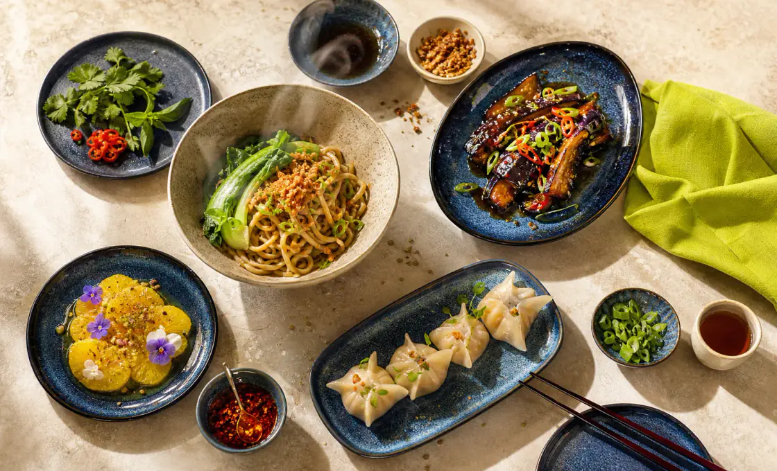 Overhead tasting-menu photography concept with realistic food textures