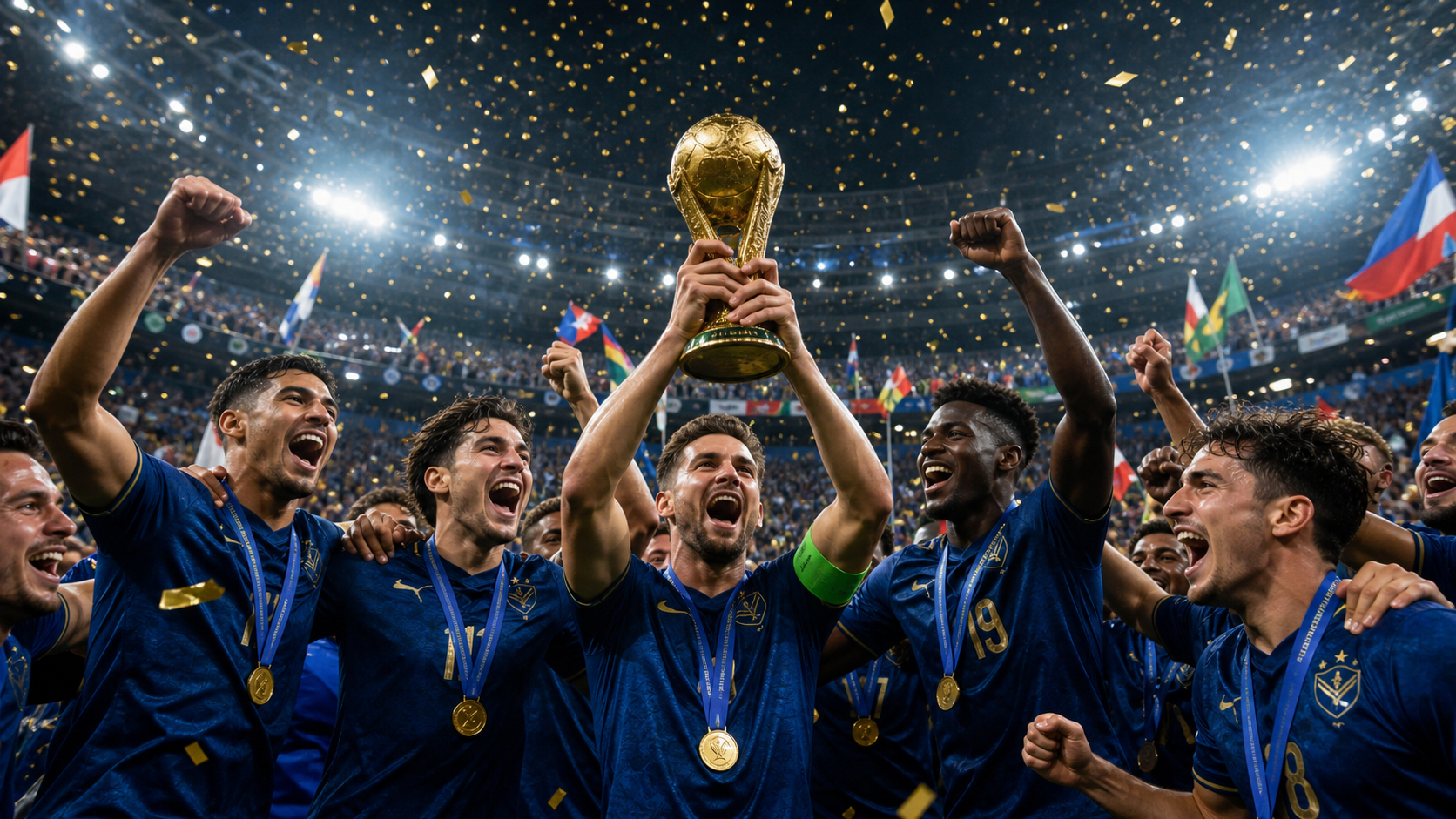 Original cinematic football championship celebration with players lifting a golden trophy