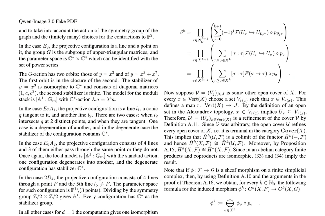 Official Qwen Image 3.0 academic paper example with dense text and mathematical formulas